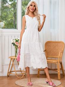 SHEIN VCAY Xu hướng: Cắt giảm Thêu Xù Hoa Sen Váy không tay - trắng - Xem 5