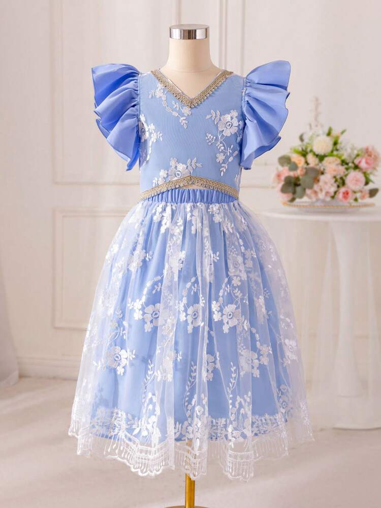 Tween Girl's Floral Embroidered Shirt With Ruffle Trim & Back Slit Detailing, Paired With Embroidered Mesh Skirt