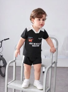 SHEIN 嬰兒男童2入組休閒街頭風格運動日常服裝,包括字母印花t恤和短褲,適用於春季,夏季和戶外活動