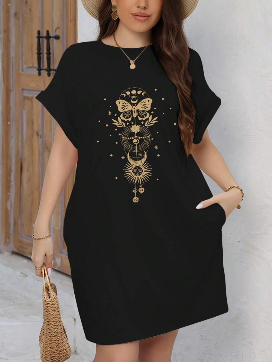 INAWLY Plus Size Butterfly Printed Batwing Sleeve Dress, For Summer - Black - View 1