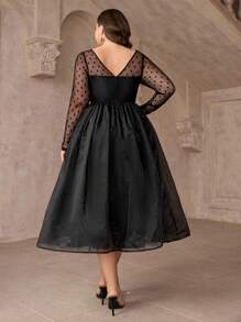 SHEIN Belle Plus Size Elegant Sheer Mesh Long Sleeve Round Neck Patchwork Waist Embroidery Applique A-Line Easter Graduation Season Cocktail Dresses, Semi Formal Dress - Black - View 3