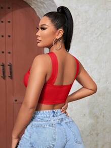 SHEIN SXY Women's Solid Color Cross Front Cut Out Crop Top - Red - View 2