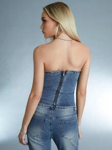 Forever 21 Y2k-Style Sexy Tight Fitted Frayed Edge Women's Denim Tube Top