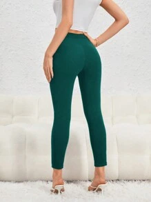 SHEIN Essnce 女士純色多拉鍊設計3/4長緊身褲 - 墨綠色 - 查看 2