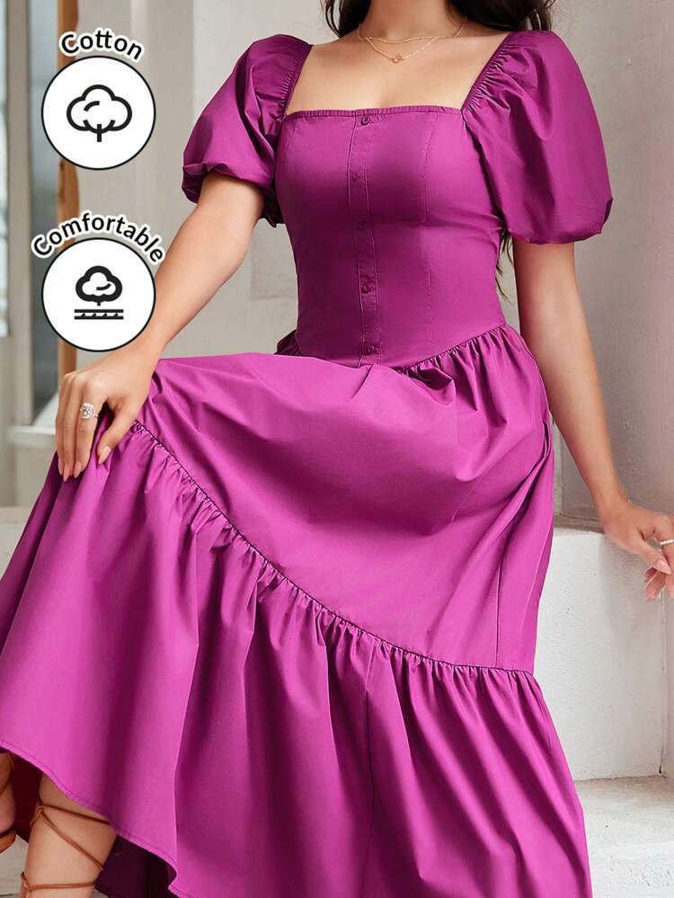 Women's Solid Color Puff Sleeve Dress