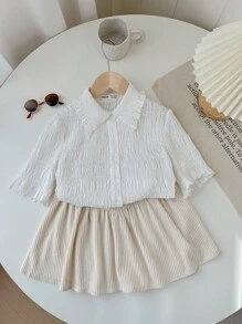 SHEIN Tween Girl Woven Solid Color Pleated Short Casual Shirt