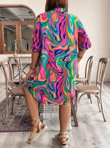 Calvaya Kích thước lớn In Cổ chữ V Ngắn tay Đầm - Màu Hồng Tươi - Xem 2