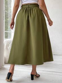 Flirla Kích thước lớn Màu thuần Thắt lưng túi giấy Váy chữ A Với Mặt trước Nút Khép kín - xanh quân đội - Xem 2
