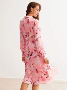 MOTF PREMIUM 絲光植物印花鑰孔領氣球袖連身裙 - 彩色 - 查看 7