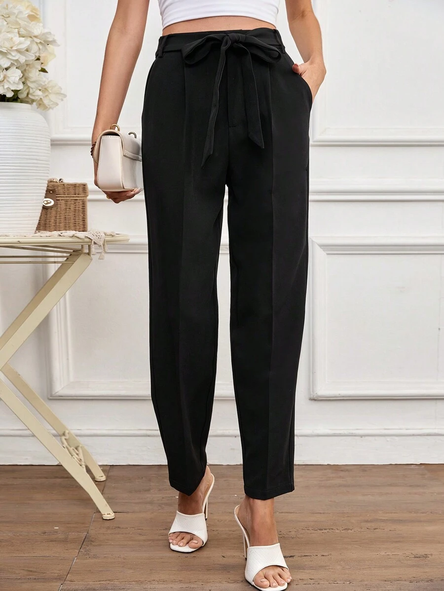 SHEIN Frenchy Của phụ nữ Mùa hè Màu thuần Của phụ nữ Thắt lưng Dài Quần Với túi , Làm việc - màu đen - Xem 1