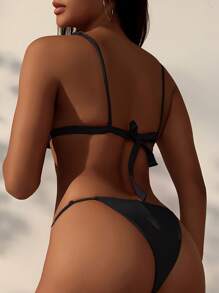 SHEIN Swim 貝殼肩帶女士比基尼套裝，丁字褲比基尼泳裝海灘裝適用於夏日度假 - 黑色 - 查看 2