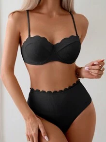 SHEIN Swim Damski Jednolity kolor Zestaw bikini Z Brzeg Scallop , Plaża Strój kąpielowy Lato