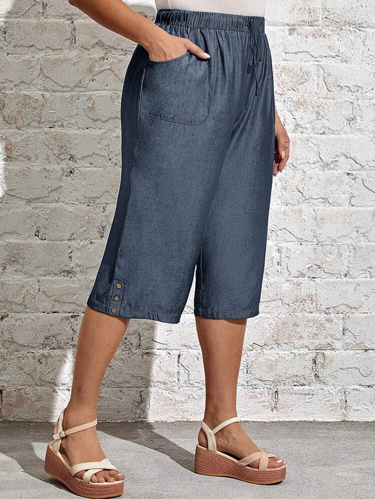 Plus Size Elastic Waist Tie Straight Leg Capri Pants