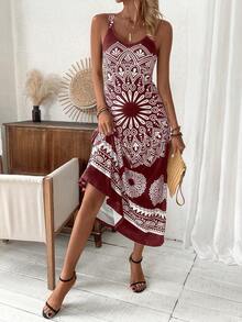 Women's Plant Printed Spaghetti Strap Dress - Brown - View 3