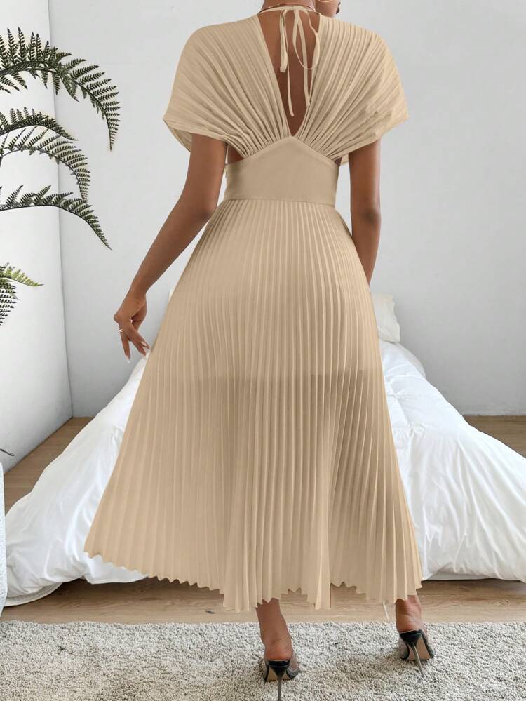Pleated Deep V-Neckline Cinching Waisted Dress