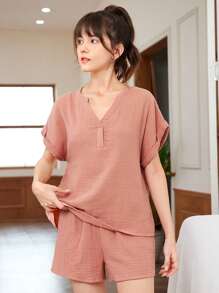 SHEIN 少女短袖襯衫，帶摺邊袖口和V領，配短褲家居休閒套裝 - 粉色 - 查看 6