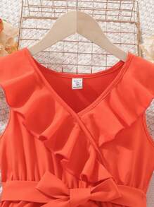 Vestido De Niña Preadolescente Con Dobladillo Con Volantes Envuelto En Color Sólido - Naranja - Ver 3