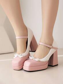 防水台、蝴蝶結高跟鞋,適合婚禮、女鞋 - 粉色 - 查看 4
