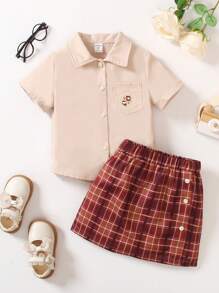 SHEIN 少女字母繡短袖襯衫與格紋裙子套裝 - 卡其色 - 查看 1