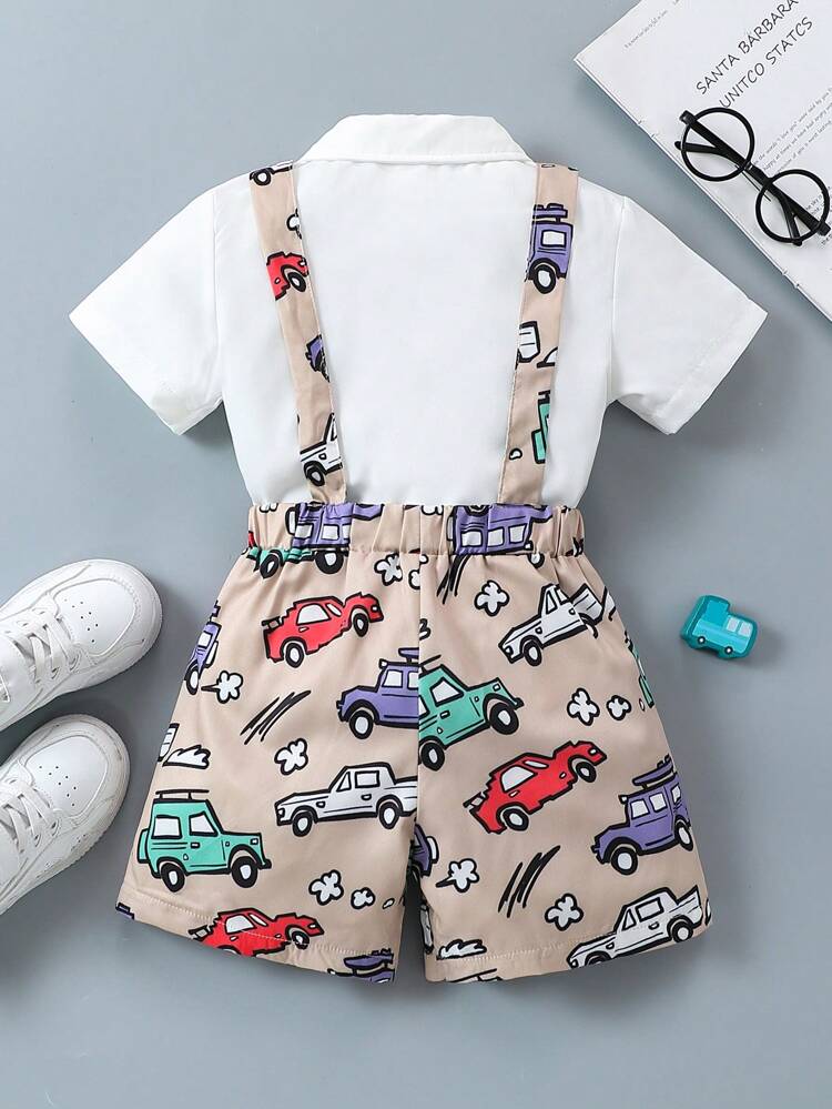 Young Boy Car Printed Bow Collar Shirt And Long Shoulder Strap Shorts Gentleman Clothing