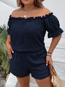 SHEIN VCAY 大码波西米亚风露肩荷叶边上衣和短裤夏季两件套 - 藏蓝色 - 查看 4