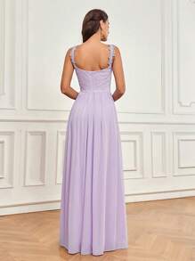 SHEIN Belle Vestido elegante y romántico de orquídea liviana de color rosa púrpura para mujer con tela de gasa plisada y dobladillo asimétrico elegante con encaje de contraste y diseño de apliques, adecuado para la temporada de bodas, festivales de música, el Día de las Madres y vestido de dama de honor (talla adulta) - Púrpura malva - Ver 3