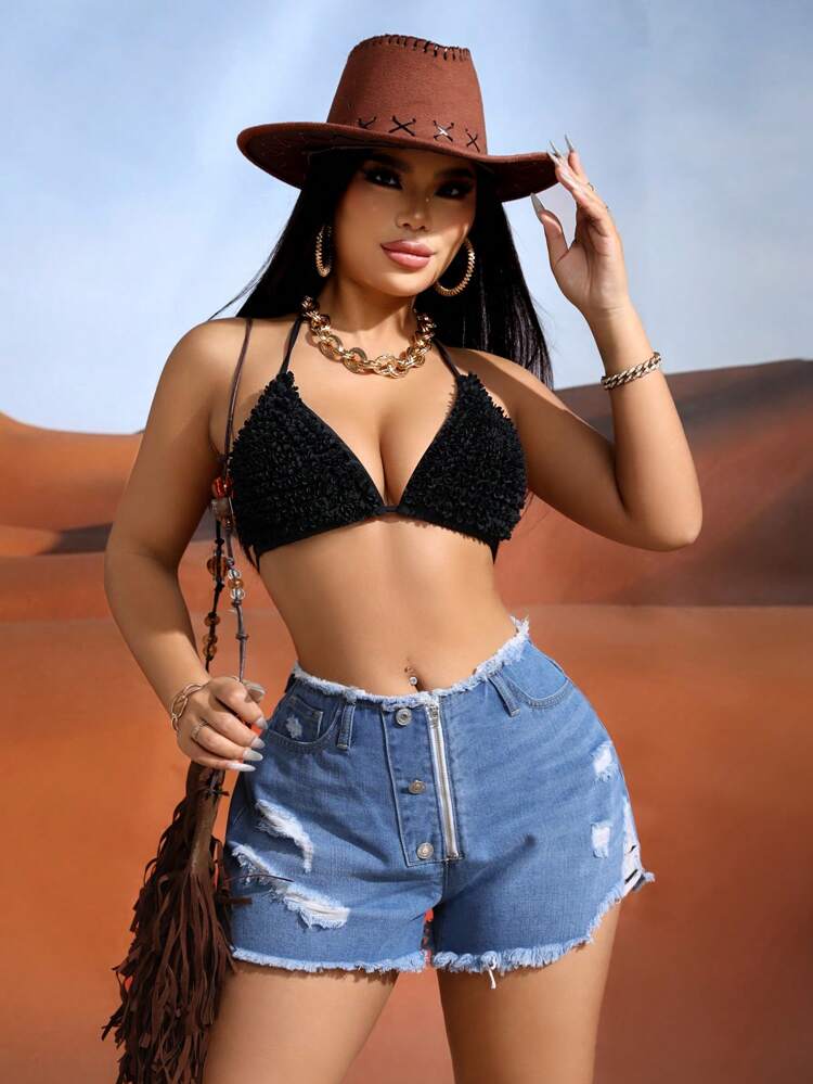 Fashionable Frayed Ripped Denim Shorts