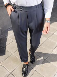 Manfinity Mode Men'S Plain Fold-Over Pleated Dress Pants - Dark Grey - View 1