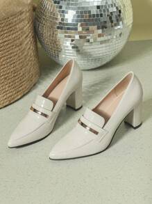 Women's Pointed Toe Thick Heel Deep Vamp Shoes With Gold Trim In Color - Beige - View 2