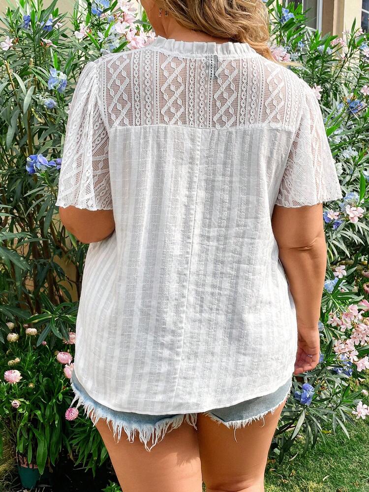 Plus Size Frill Tie Neck Lace Panel Shirt