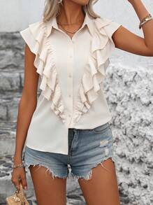 SHEIN LUNE Women's Solid Color Single Breasted Shirt With Ruffle Hem - Apricot - View 1