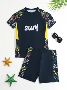 Teen Boy Printed Shoulder-Insert Separated Swimsuit Set With Letter & Gamepad Pattern - Multicolor - View 1