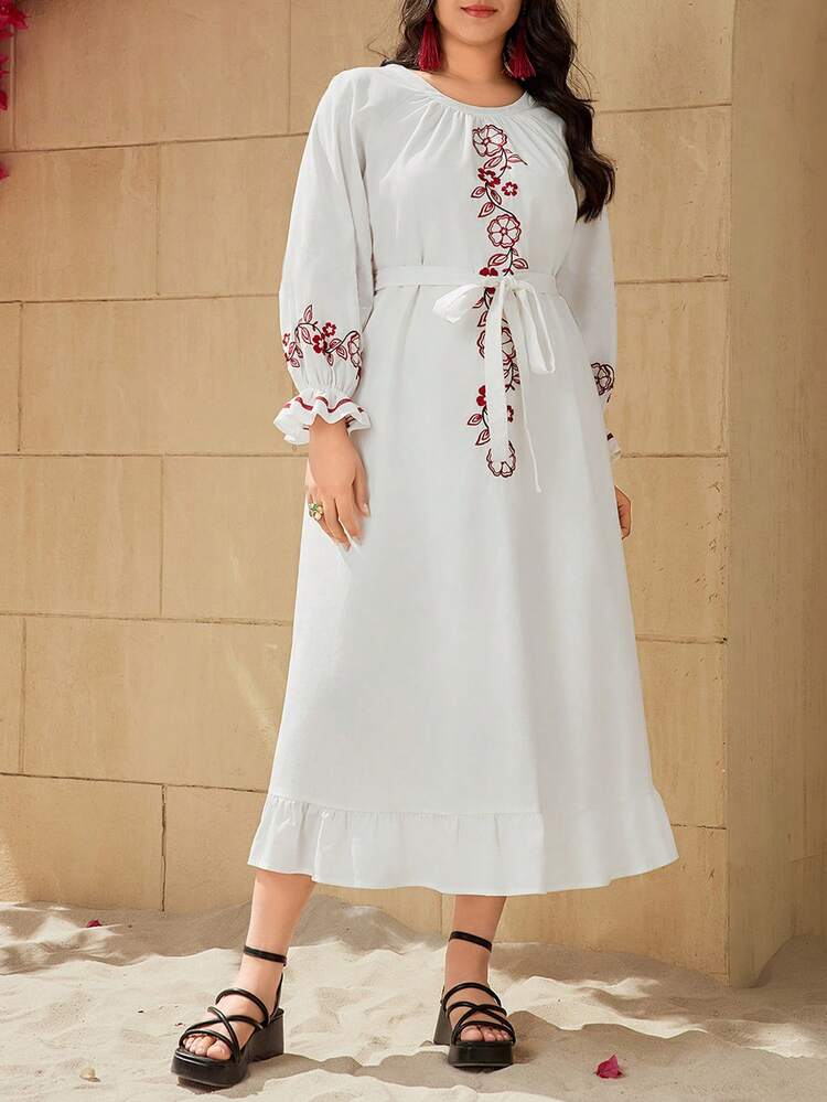 Plus Size Women's Floral Print Round Neck Flare Sleeve Dress