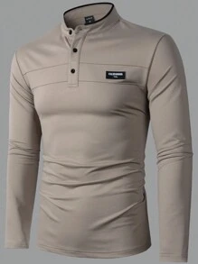 Manfinity Homme 男士彩色领长袖正式工作纽扣 Polo 衫，适合丈夫 - 卡其色 - 查看 4