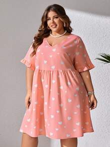 SHEIN CURVE+ Kích thước lớn In Trái tim Tay áo xù Đầm - Hồng - Xem 3