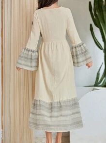 Al Najma Patchwork Striped V-Neck Flare Sleeve Dress - Apricot - View 7