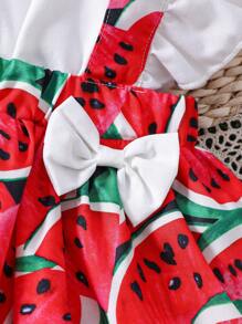 Conjunto de vestido 2 en 1 con volantes en los brazos y estampado de sandía para bebé niña, con diadema - Blanco - Ver 5