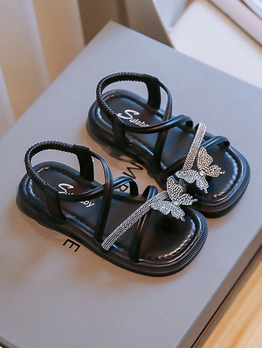兒童平底涼鞋,舒適輕盈時尚少女涼鞋,設有蝴蝶裝飾 - 黑色 - 查看 1