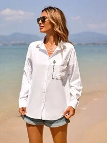 RueChic Collor And Pocket Stone Detailed White Blouse - White - View 4