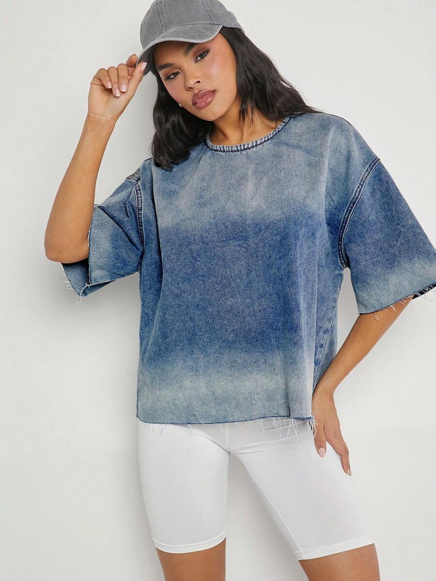 Denimoi 渐变色落肩毛边牛仔上衣 - 彩色 - 查看 1