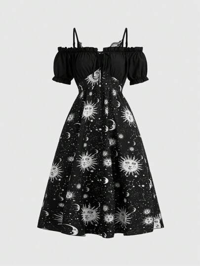 Heymoonly Fairycore Sun & Moon Graphic Cold Shoulder Dress