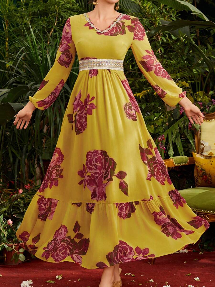 Divindia Women's Floral Print Lantern Sleeve Style Dress