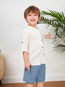 SHEIN Conjunto De Camisa Y Pantalón Corto De Manga Enrollada Cómodo, Transpirable Y De Color Sólido Estilo Casual Universitario Para Jóvenes - Azul - Ver 6