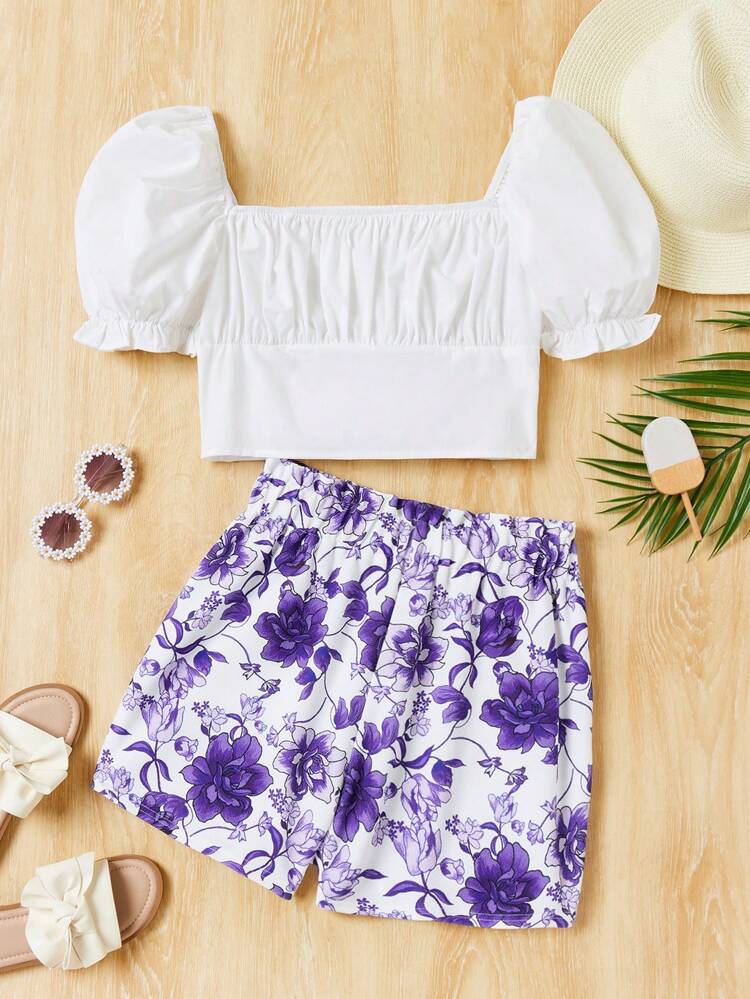 Teen Girl Casual Puff Sleeve Shirt And Flower Print Shorts Two Pieces Set