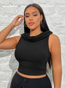 SHEIN EZwear Top Canotta Nera Taglia Extra Large da Donna con Cappuccio Ampio e Adattamento Slim-Fit - nero - Visualizzare 3
