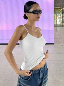 Solid Color Ribbed Knit Slim Fit Camisole Top Tank Tops - White - View 3