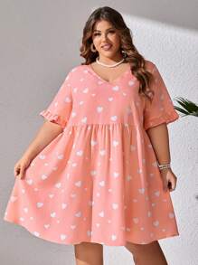 SHEIN CURVE+ Kích thước lớn In Trái tim Tay áo xù Đầm - Hồng - Xem 1