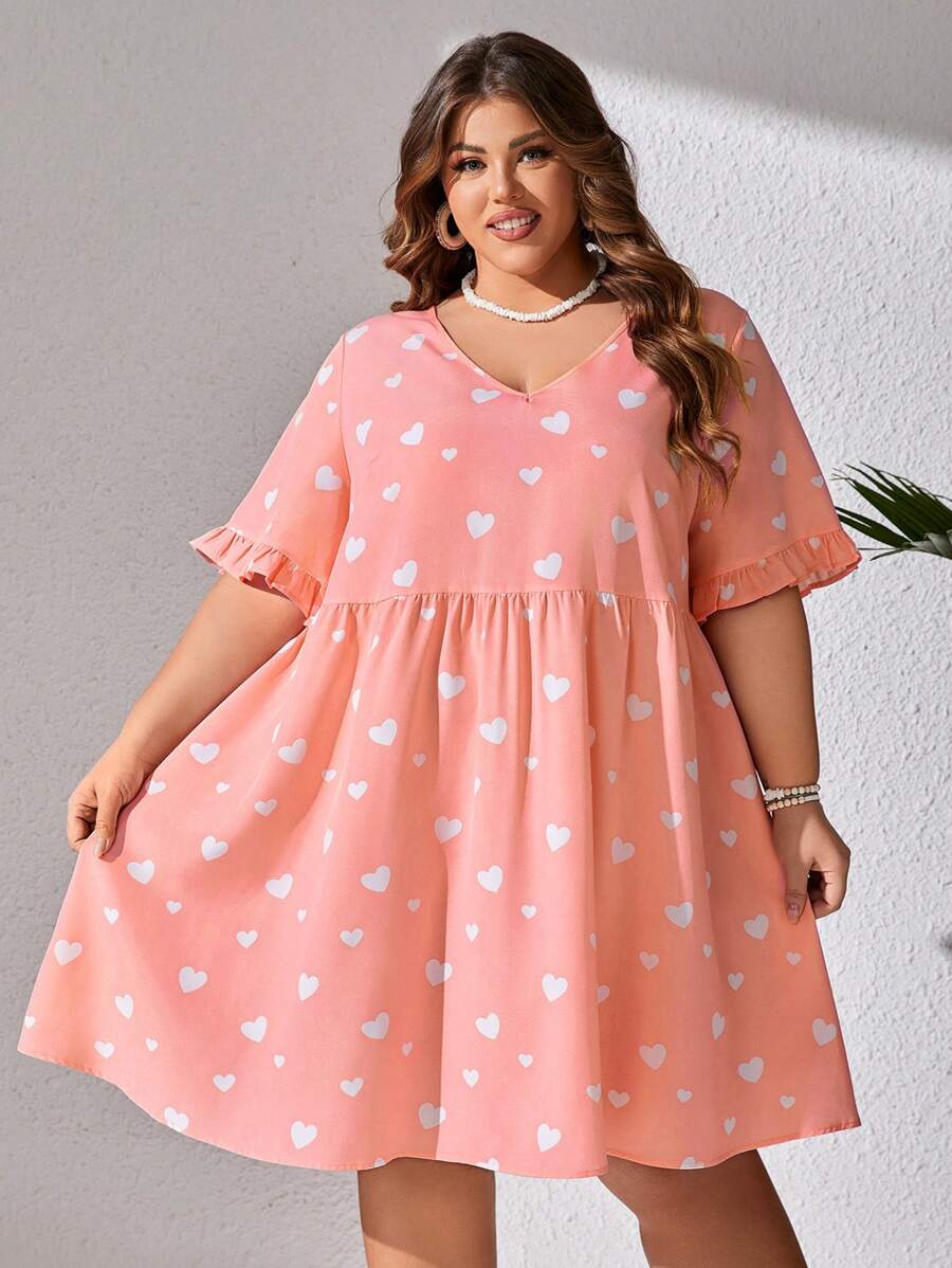 SHEIN CURVE+ Kích thước lớn In Trái tim Tay áo xù Đầm - Hồng - Xem 1