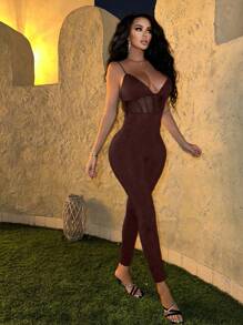 SHEIN SXY Enterizo/mono con tirantes y detalles de malla transparente para mujer - Marrón - Ver 6