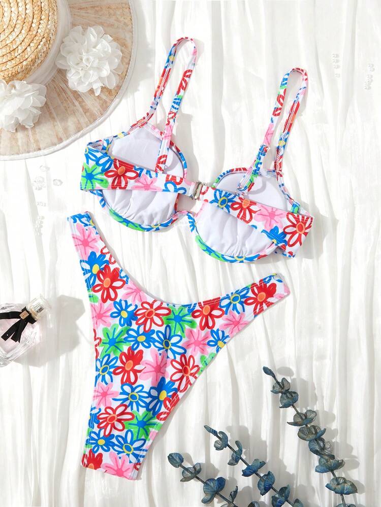 Women's Bikini Set With Floral Print, Vacation Bikini Set Summer Beach